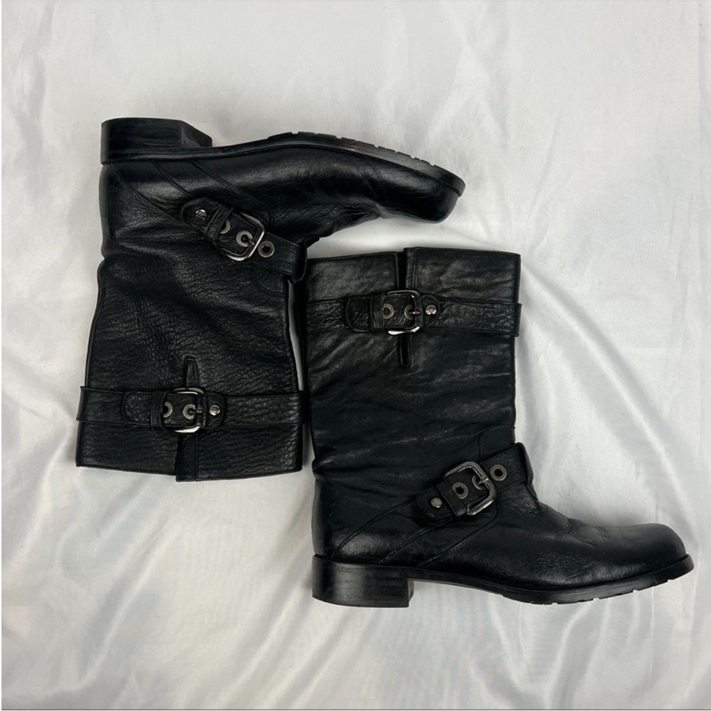Stuart Weitzman Leather Motorcycle Buckle Boots